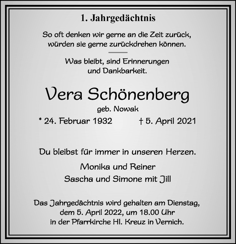  Traueranzeige für Vera SchÃ¶nenberg vom 02.04.2022 aus  Blickpunkt Euskirchen 