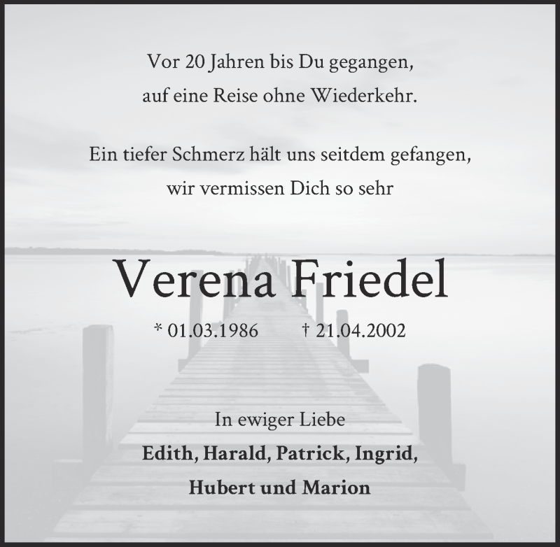  Traueranzeige für Verena Friedel vom 22.04.2022 aus  EXPRESS - Die Woche 