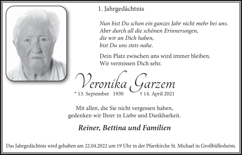  Traueranzeige für Veronika Garzem vom 09.04.2022 aus  Blickpunkt Euskirchen 