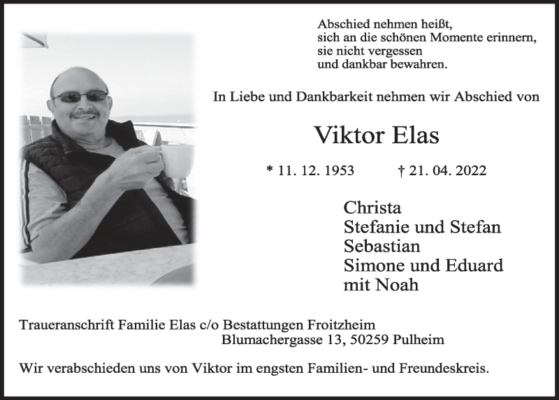  Traueranzeige für Viktor Elas vom 29.04.2022 aus  Wochenende 