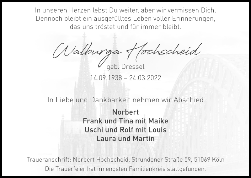  Traueranzeige für Walburga Hochscheid vom 09.04.2022 aus Kölner Stadt-Anzeiger / Kölnische Rundschau / Express