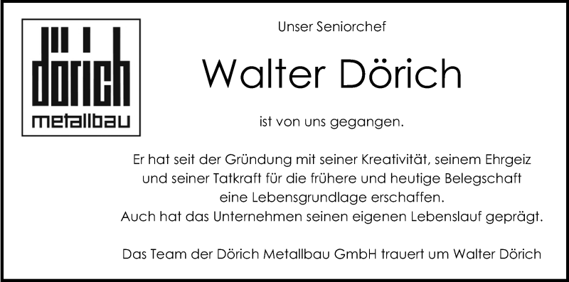  Traueranzeige für Walter Dörich vom 16.04.2022 aus Kölner Stadt-Anzeiger / Kölnische Rundschau / Express