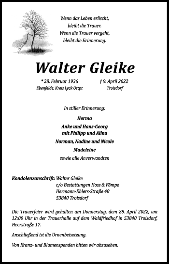 Anzeige von Walter Gleike von Kölner Stadt-Anzeiger / Kölnische Rundschau / Express