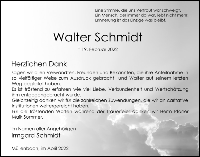  Traueranzeige für Walter Schmidt vom 08.04.2022 aus  Anzeigen Echo 