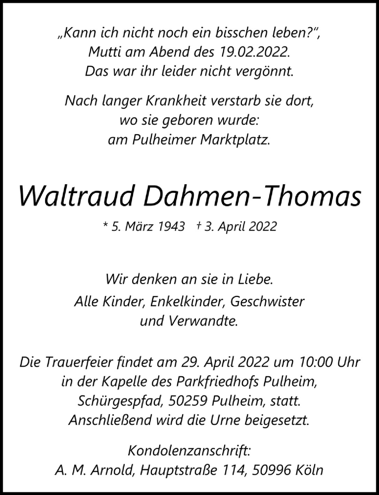  Traueranzeige für Waltraud Dahmen-Thomas vom 08.04.2022 aus  Wochenende 
