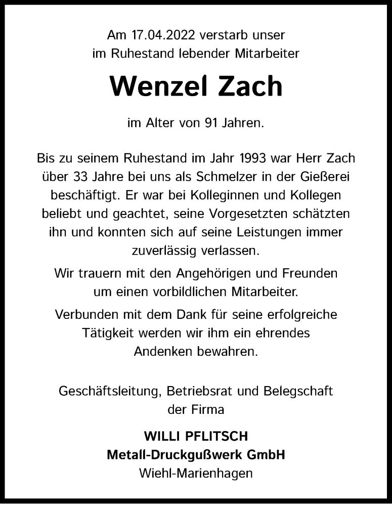  Traueranzeige für Wenzel Zach vom 30.04.2022 aus Kölner Stadt-Anzeiger / Kölnische Rundschau / Express