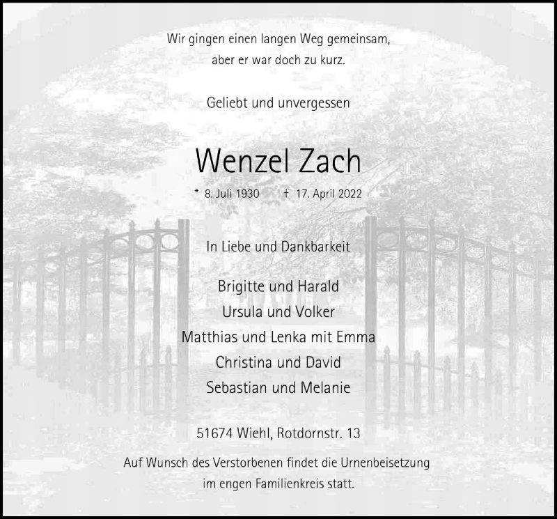  Traueranzeige für Wenzel Zach vom 29.04.2022 aus  Anzeigen Echo 