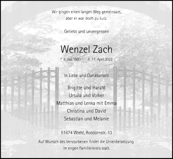 Anzeige von Wenzel Zach von Kölner Stadt-Anzeiger / Kölnische Rundschau / Express