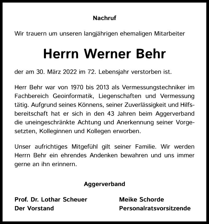  Traueranzeige für Werner Behr vom 14.04.2022 aus Kölner Stadt-Anzeiger / Kölnische Rundschau / Express