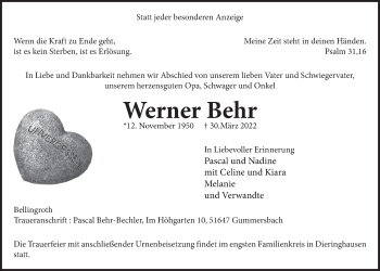 Anzeige von Werner Behr von  Anzeigen Echo 