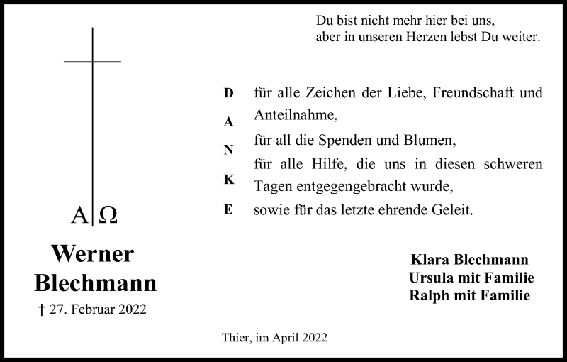  Traueranzeige für Werner Blechmann vom 02.04.2022 aus Kölner Stadt-Anzeiger / Kölnische Rundschau / Express
