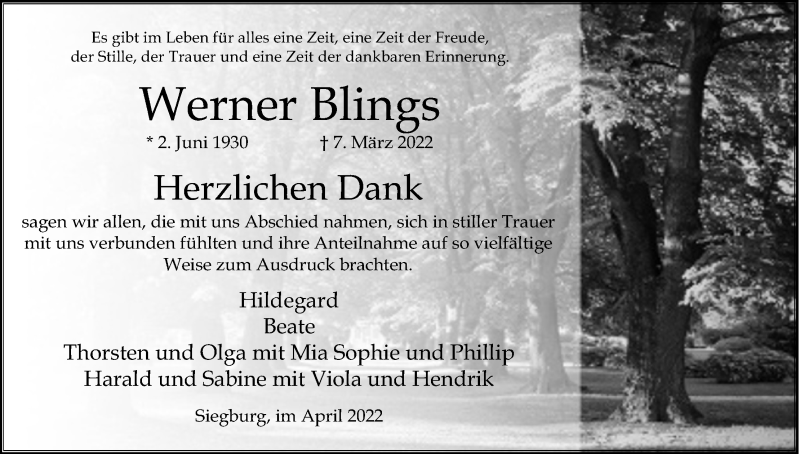  Traueranzeige für Werner Blings vom 09.04.2022 aus Kölner Stadt-Anzeiger / Kölnische Rundschau / Express
