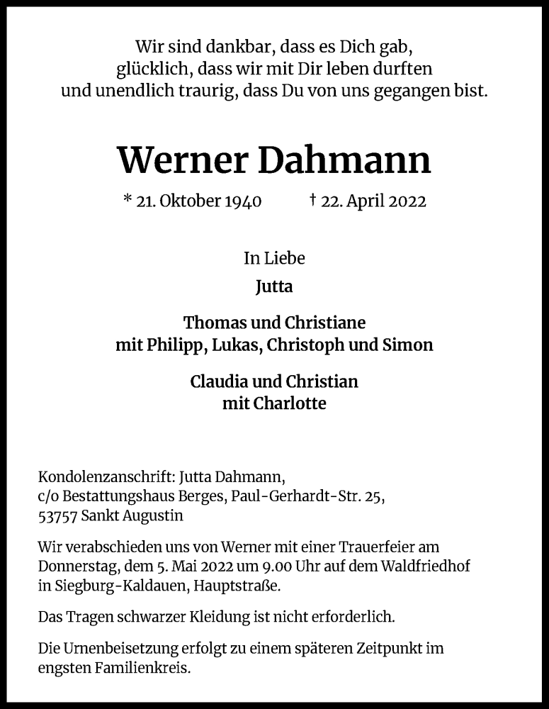  Traueranzeige für Werner Dahmann vom 30.04.2022 aus Kölner Stadt-Anzeiger / Kölnische Rundschau / Express