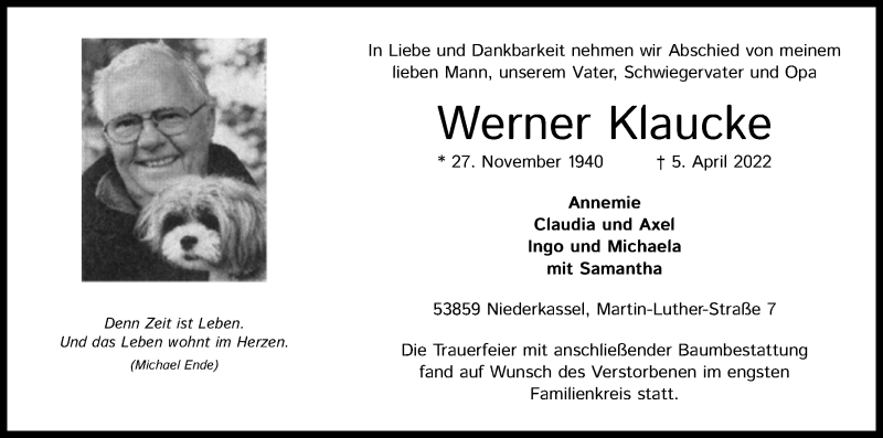  Traueranzeige für Werner Klaucke vom 16.04.2022 aus Kölner Stadt-Anzeiger / Kölnische Rundschau / Express