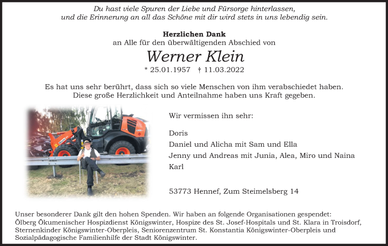  Traueranzeige für Werner Klein vom 30.04.2022 aus Kölner Stadt-Anzeiger / Kölnische Rundschau / Express