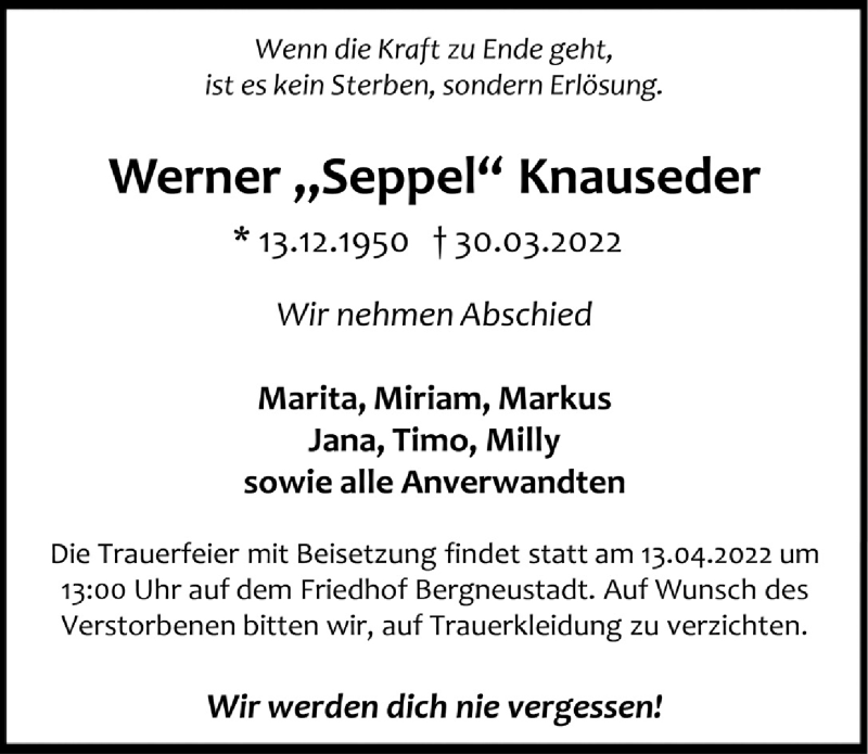  Traueranzeige für Werner Knauseder vom 08.04.2022 aus  Anzeigen Echo 