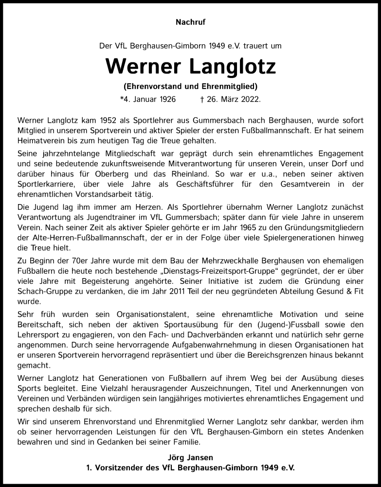  Traueranzeige für Werner Langlotz vom 09.04.2022 aus Kölner Stadt-Anzeiger / Kölnische Rundschau / Express