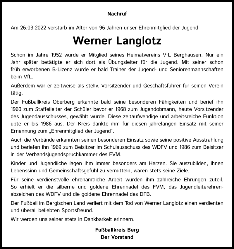  Traueranzeige für Werner Langlotz vom 09.04.2022 aus Kölner Stadt-Anzeiger / Kölnische Rundschau / Express