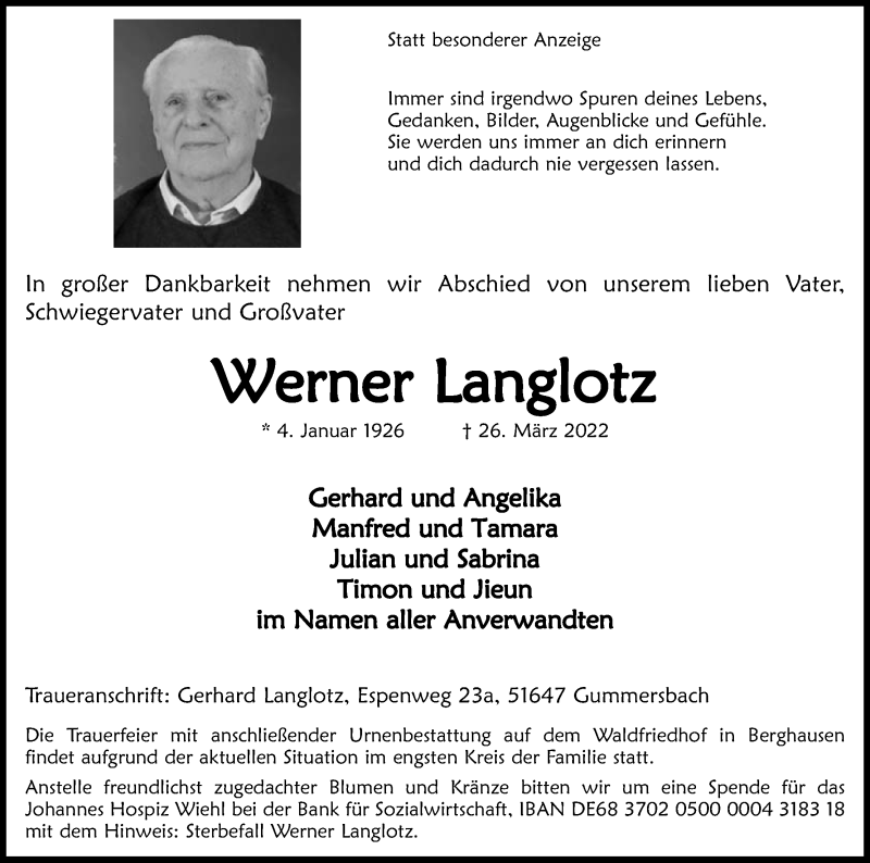  Traueranzeige für Werner Langlotz vom 09.04.2022 aus Kölner Stadt-Anzeiger / Kölnische Rundschau / Express