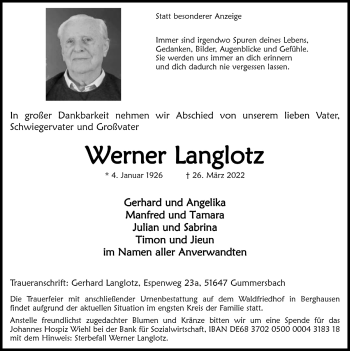 Anzeige von Werner Langlotz von  Anzeigen Echo 