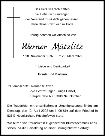 Anzeige von Werner Mützlitz von Kölner Stadt-Anzeiger / Kölnische Rundschau / Express
