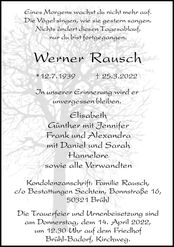  Traueranzeige für Werner Rausch vom 14.04.2022 aus  Schlossbote/Werbekurier 