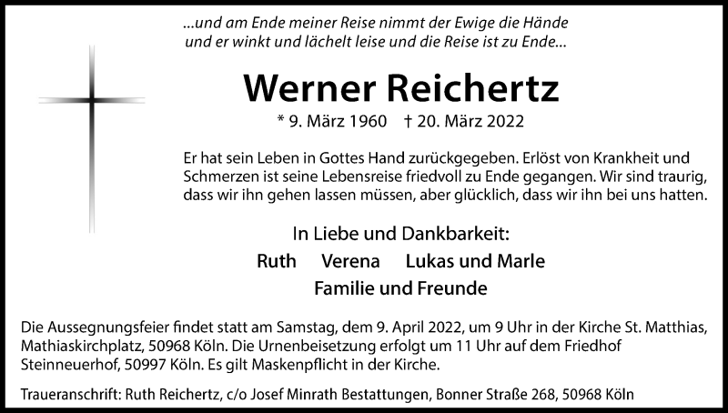  Traueranzeige für Werner Reichertz vom 02.04.2022 aus Kölner Stadt-Anzeiger / Kölnische Rundschau / Express