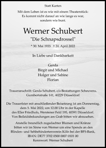 Anzeige von Werner Schubert von Kölner Stadt-Anzeiger / Kölnische Rundschau / Express