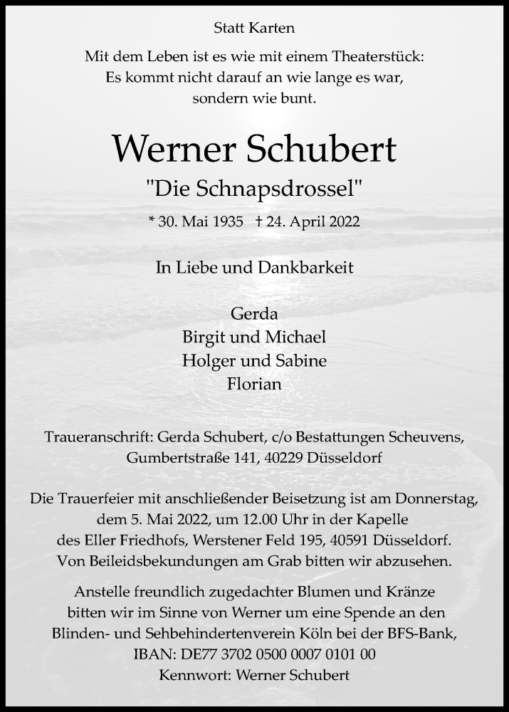  Traueranzeige für Werner Schubert vom 30.04.2022 aus Kölner Stadt-Anzeiger / Kölnische Rundschau / Express