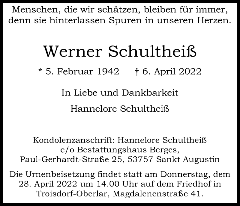  Traueranzeige für Werner Schultheiß vom 16.04.2022 aus Kölner Stadt-Anzeiger / Kölnische Rundschau / Express