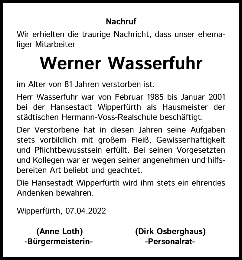  Traueranzeige für Werner Wasserfuhr vom 09.04.2022 aus Kölner Stadt-Anzeiger / Kölnische Rundschau / Express