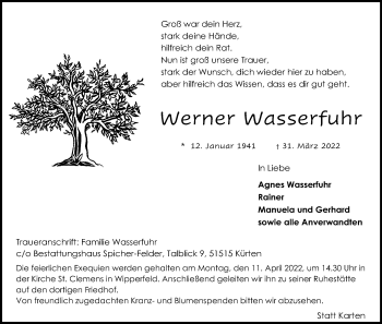 Anzeige von Werner Wasserfuhr von Kölner Stadt-Anzeiger / Kölnische Rundschau / Express