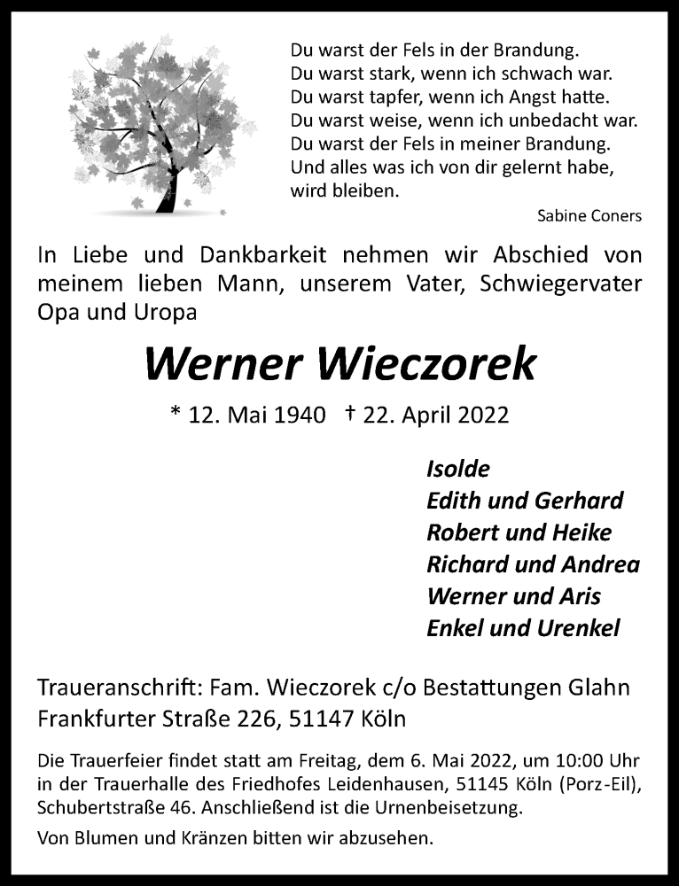  Traueranzeige für Werner Wieczorek vom 29.04.2022 aus  EXPRESS - Die Woche 