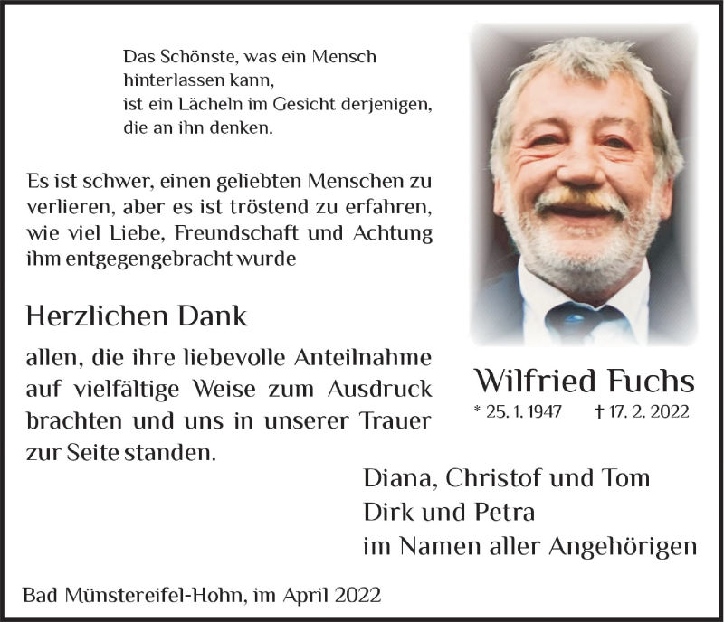  Traueranzeige für Wilfried Fuchs vom 09.04.2022 aus  Blickpunkt Euskirchen 