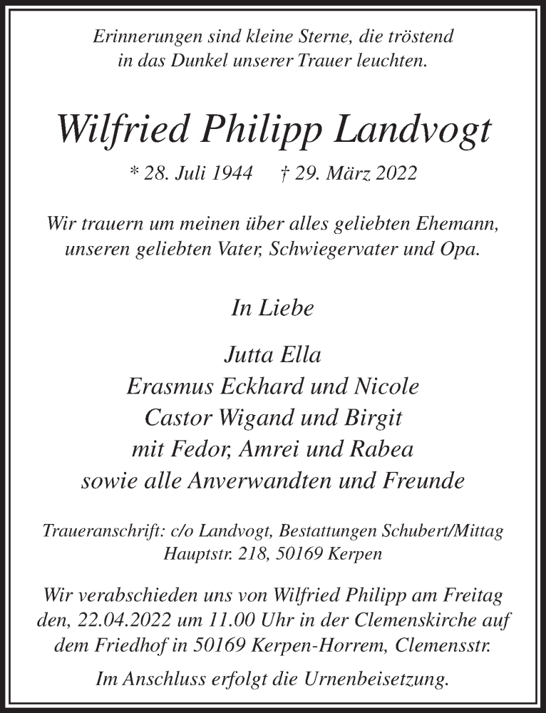  Traueranzeige für Wilfried Philipp Landvogt vom 14.04.2022 aus  Werbepost 