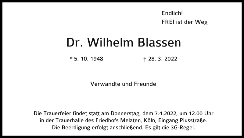  Traueranzeige für Wilhelm Blassen vom 02.04.2022 aus Kölner Stadt-Anzeiger / Kölnische Rundschau / Express