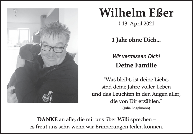  Traueranzeige für Wilhelm Eßer vom 14.04.2022 aus  Werbepost 