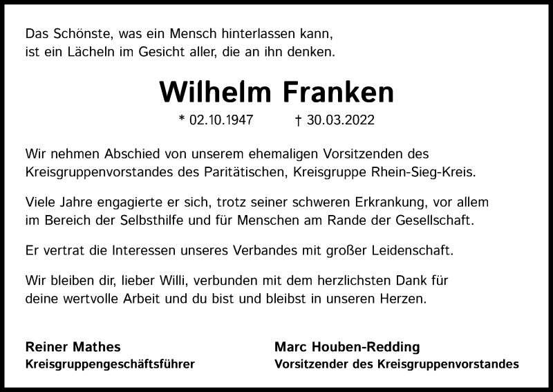  Traueranzeige für Wilhelm Franken vom 06.04.2022 aus Kölner Stadt-Anzeiger / Kölnische Rundschau / Express