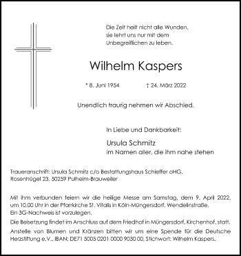 Anzeige von Wilhelm Kaspers von Kölner Stadt-Anzeiger / Kölnische Rundschau / Express