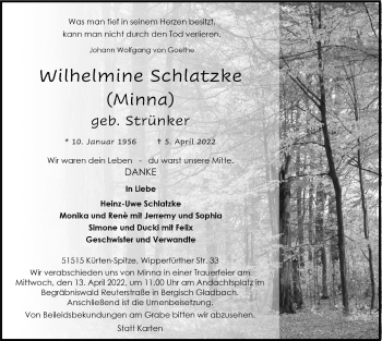 Anzeige von Wilhelmine Schlatzke von  Bergisches Handelsblatt 