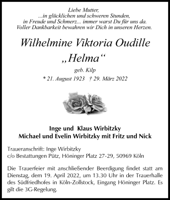 Anzeige von Wilhelmine Viktoria Oudille von Kölner Stadt-Anzeiger / Kölnische Rundschau / Express