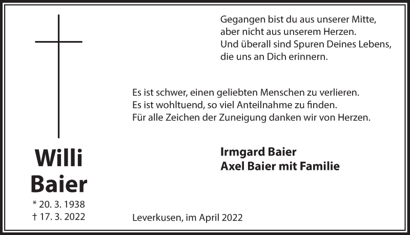 Traueranzeige für Willi Baier vom 29.04.2022 aus  Lokale Informationen 