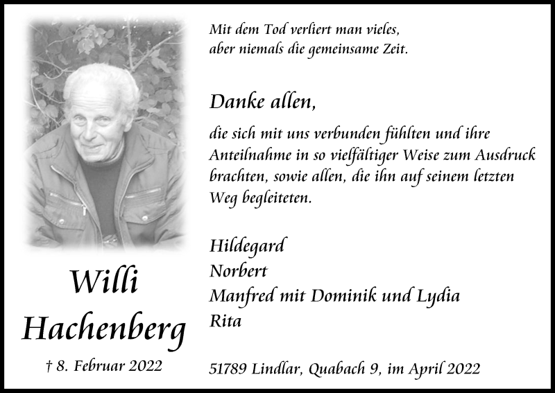  Traueranzeige für Willi Hachenberg vom 02.04.2022 aus Kölner Stadt-Anzeiger / Kölnische Rundschau / Express