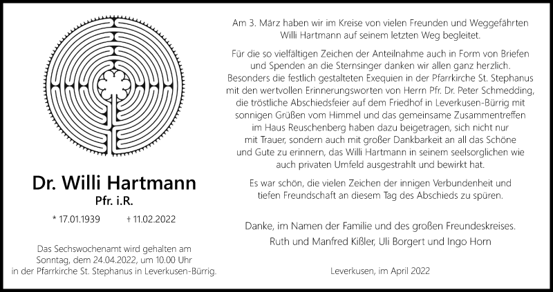  Traueranzeige für Willi Hartmann vom 09.04.2022 aus Kölner Stadt-Anzeiger / Kölnische Rundschau / Express