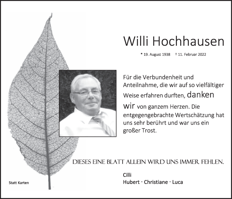  Traueranzeige für Willi Hochhausen vom 14.04.2022 aus  Werbepost 