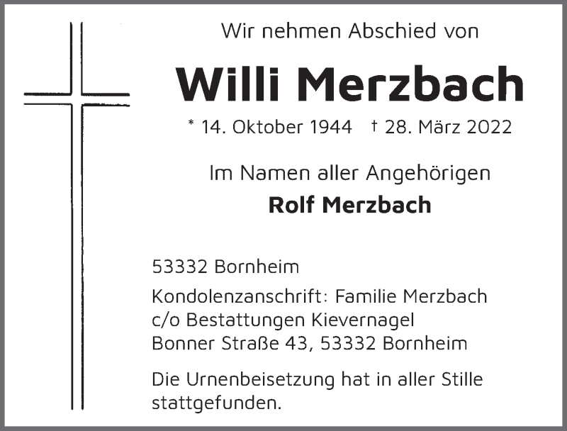  Traueranzeige für Willi Merzbach vom 08.04.2022 aus  Schaufenster/Blickpunkt 