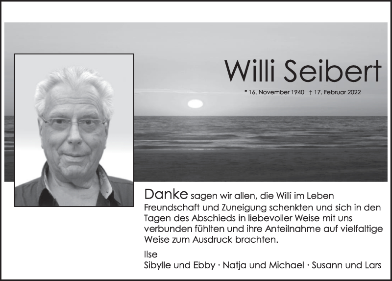  Traueranzeige für Willi Seibert vom 22.04.2022 aus  Werbepost 