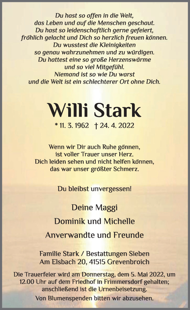  Traueranzeige für Willi Stark vom 29.04.2022 aus  Werbepost 