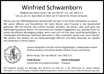 Anzeige von Winfried Schwamborn von Kölner Stadt-Anzeiger / Kölnische Rundschau / Express
