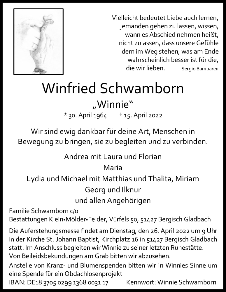  Traueranzeige für Winfried Schwamborn vom 23.04.2022 aus Kölner Stadt-Anzeiger / Kölnische Rundschau / Express